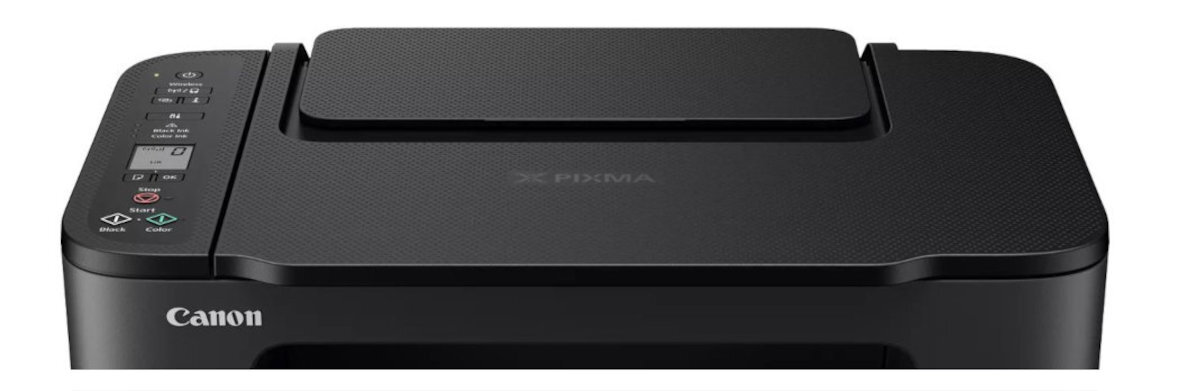 Czarne urządzenie wielofunkcyjne z widocznym logo Canon i panelem sterowania z przyciskami oraz ikonami. Na górnej części znajduje się pokrywa z napisem PIXMA.