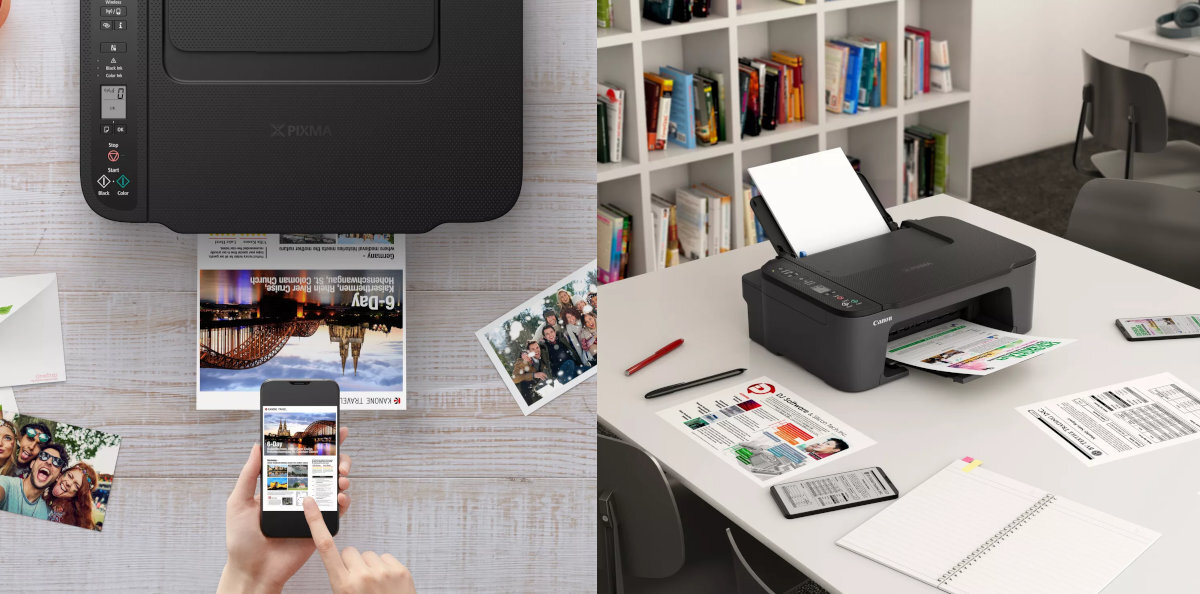 Na obrazie widać urządzenie wielofunkcyjne Canon Pixma TS3450, które drukuje kolorowe dokumenty. Obok urządzenia leży smartfon, a w tle znajduje się biurko z książkami i notatnikami.