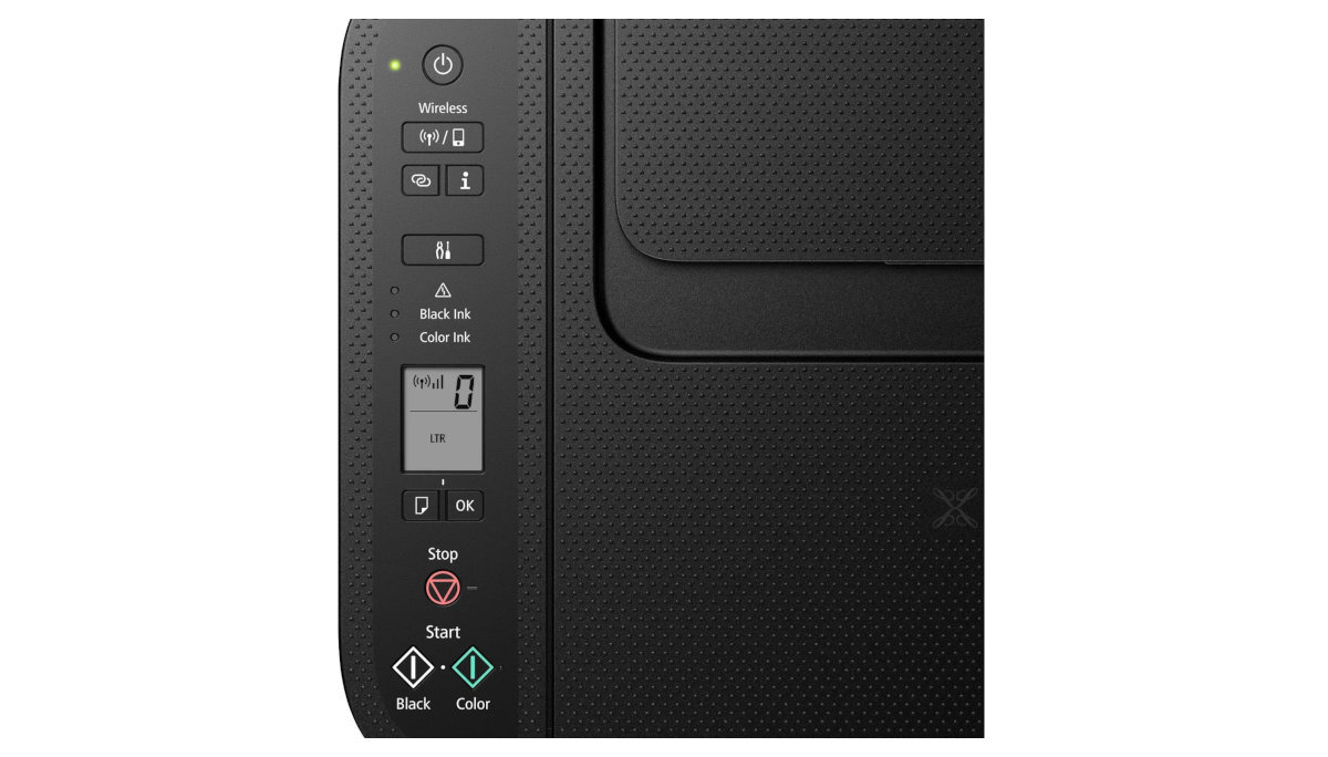 Panel sterowania urządzenia wielofunkcyjnego z przyciskami i wyświetlaczem. Widoczne przyciski to m.in. Wireless, Black Ink, Color Ink, Stop, Start oraz wyświetlacz z ikoną Wi-Fi i cyfrą 0.
