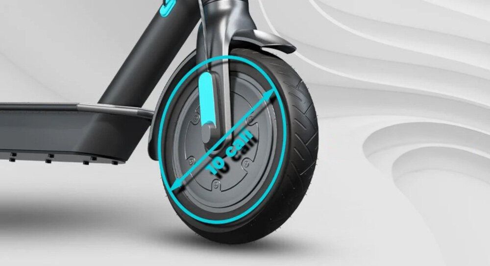 Hulajnoga elektryczna MOTUS Scooty 10 Lite GEN 5 Szary kola 10-calowe pneumatyczne pompowane opony detkowe stabilnosc podczas jazdy latwe prowadzenie po nierownosciach tlumia drgania amortyzuja wstrzasy minimalizuja ryzyko uszkodzenia wzmocniony blotnik