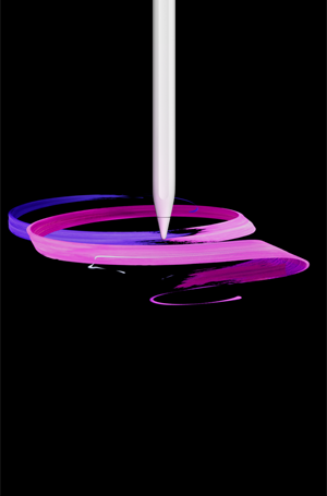 Widoczny od przodu profil białego rysika Apple Pencil Pro w orientacji pionowej, rysującego abstrakcyjny wzór fioletowych i różowych wstęg