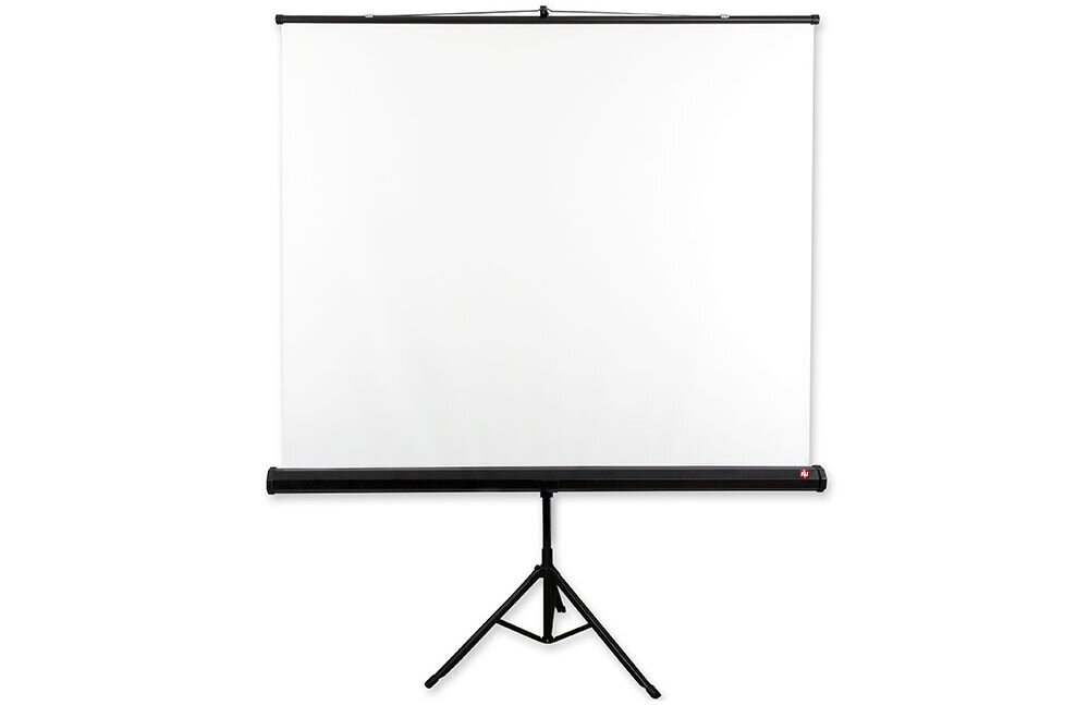 Ekran projekcyjny AVTEK Tripod Standard z powierzchnią Matt White, regulowanymi formatami 16:9, 4:3, 16:10, 1:1 i ramieniem eliminującym efekt trapezu Pusty ekran projekcyjny Avtek na statywie (Tripod). Biała, gładka powierzchnia robocza rozłożona do pełnej szerokości, z czarną obudową na dole i stabilnym, czarnym statywem trójnożnym.
