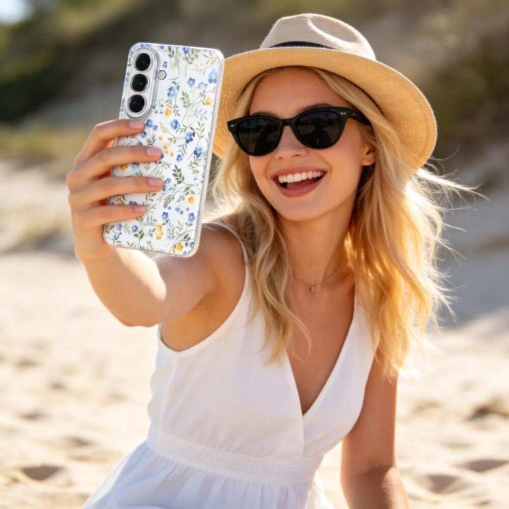 Osoba trzyma telefon z etui ozdobionym wzorem w kwiaty. W tle widać piaszczystą plażę.