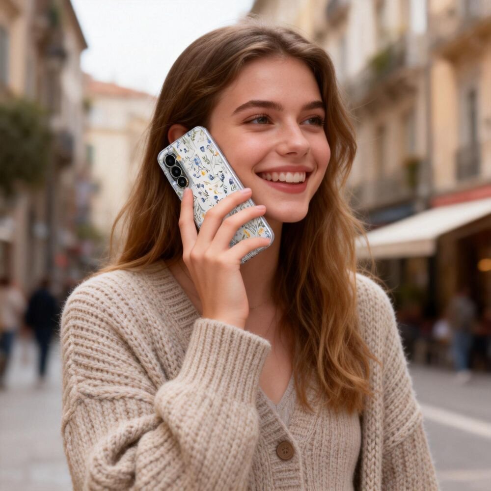 Osoba trzyma telefon z etui ozdobionym wzorem kwiatowym. W tle widać rozmytą ulicę z budynkami i parasolami.