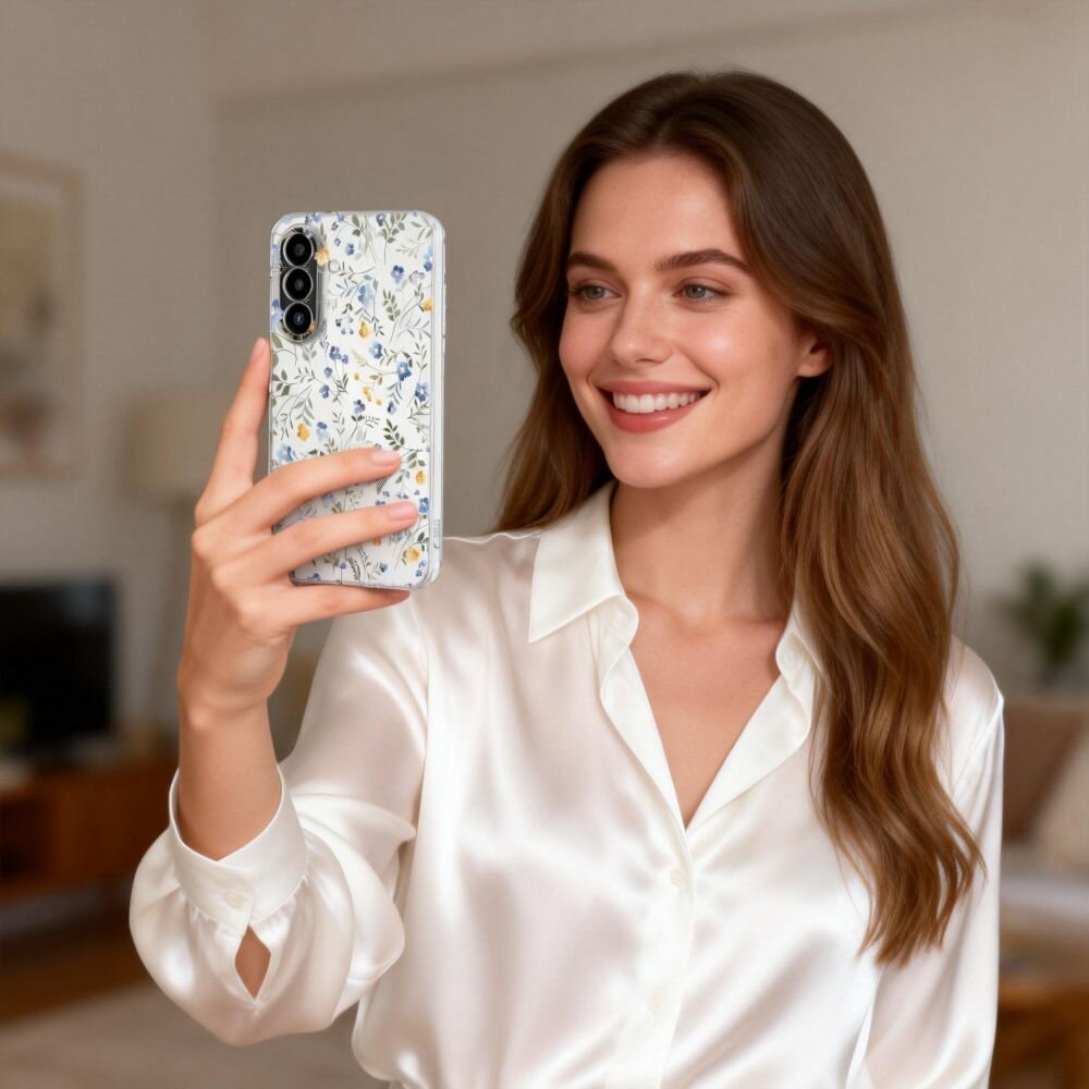 Osoba trzyma telefon z etui ozdobionym wzorem kwiatowym. W tle widoczne jest wnętrze pokoju z meblami.
