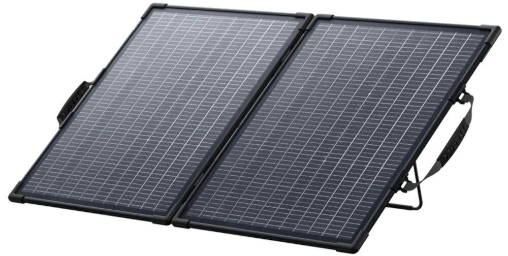 Panel fotowoltaiczny ANKER Solix Bifacial PS200 200W, panel, słoneczny, sprawność, kemping, Rozłożony przenośny panel słoneczny na podpórkach.