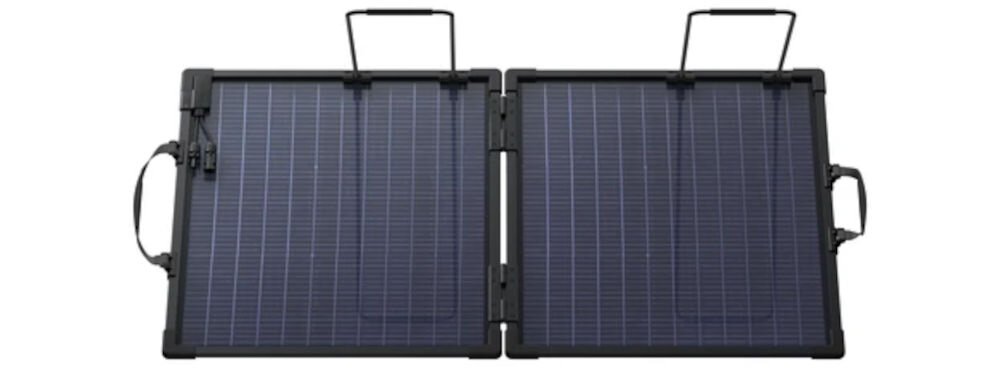 Panel fotowoltaiczny ANKER Solix Bifacial PS200 200W, konstrukcja, waga, wymiary, biwak, Tył rozłożonego panelu z podpórkami i przewodami.
