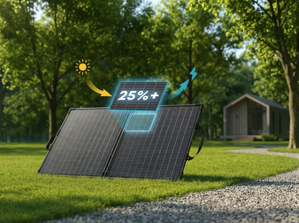 Panel fotowoltaiczny ANKER Solix Bifacial PS100 100W, stacja, zasilanie, montaż, ładowanie, Panel fotowoltaiczny na trawniku z ikoną wydajności.