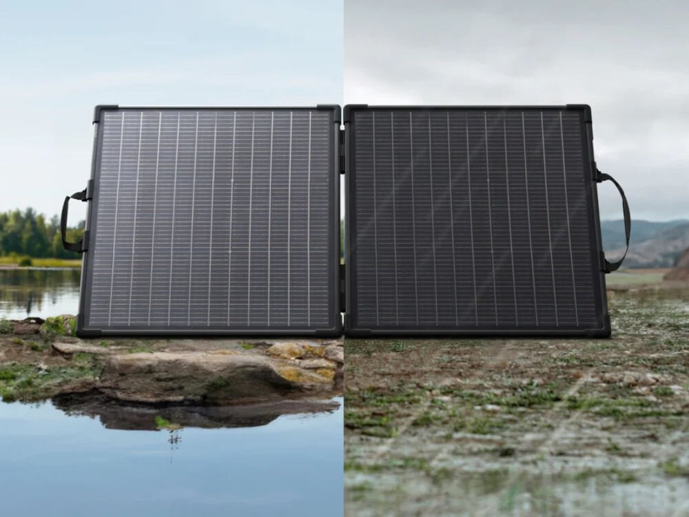 Panel fotowoltaiczny ANKER Solix Bifacial PS100 100W, ochrona, deszcz, temperatura, kemping, Panel słoneczny ukazany w słoneczny i pochmurny dzień.