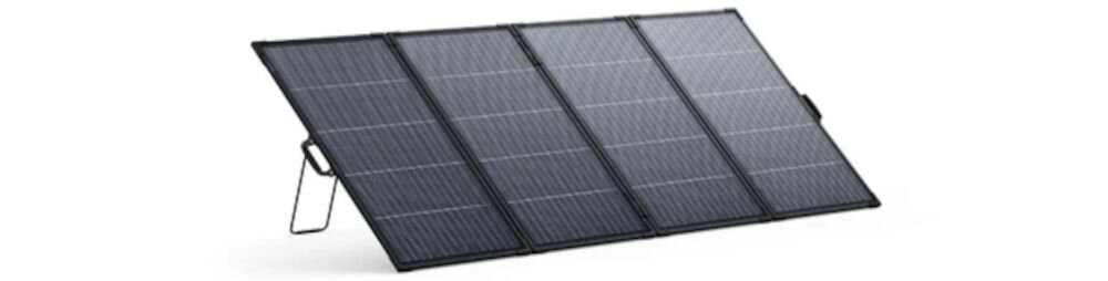 Panel fotowoltaiczny ANKER Solix Bifacial PS400 400W, panel, słoneczny, sprawność, kemping, Rozłożony przenośny panel słoneczny na podpórkach.