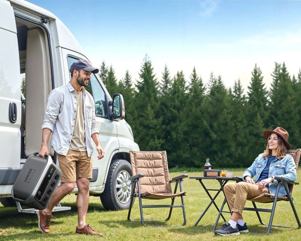 Stacja zasilania ANKER Solix C2000 Gen 2, stacja, zasilanie, dom, niezależność, Mężczyzna przenoszący stację zasilania Anker Solix obok campervana na kempingu.