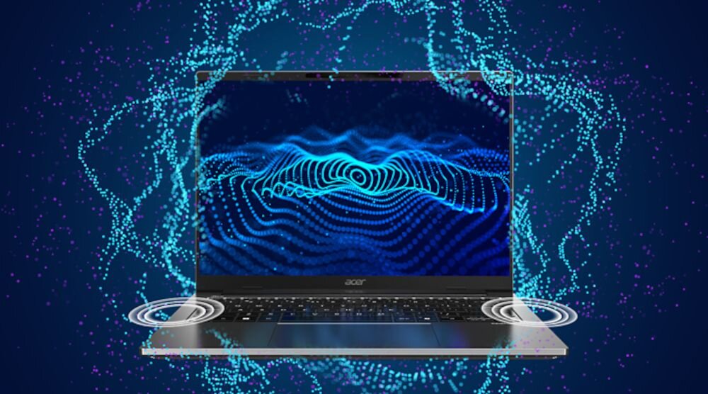 Laptop z otwartym ekranem, na którym wyświetlany jest niebieski wzór falowy. Na obudowie widoczne jest logo \'acer\'.