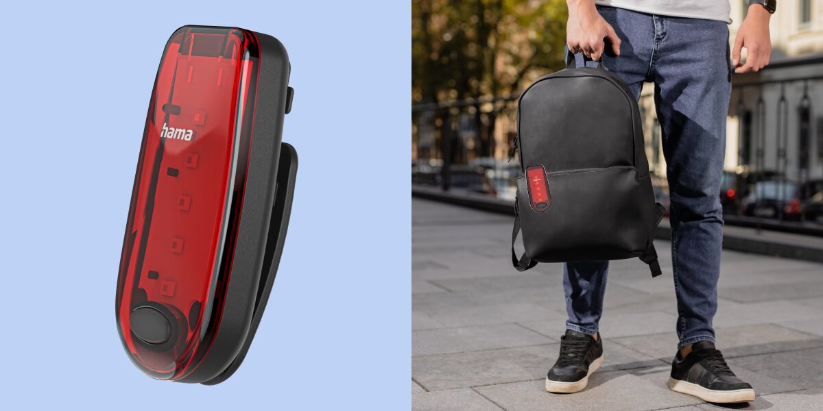 Lampka ostrzegawcza HAMA z klipsem Czerwono-czarny, klips, plecak, pies, bezpieczeństwo, Czerwona lampka LED Hama oraz mężczyzna z lampką przypiętą do czarnego plecaka.