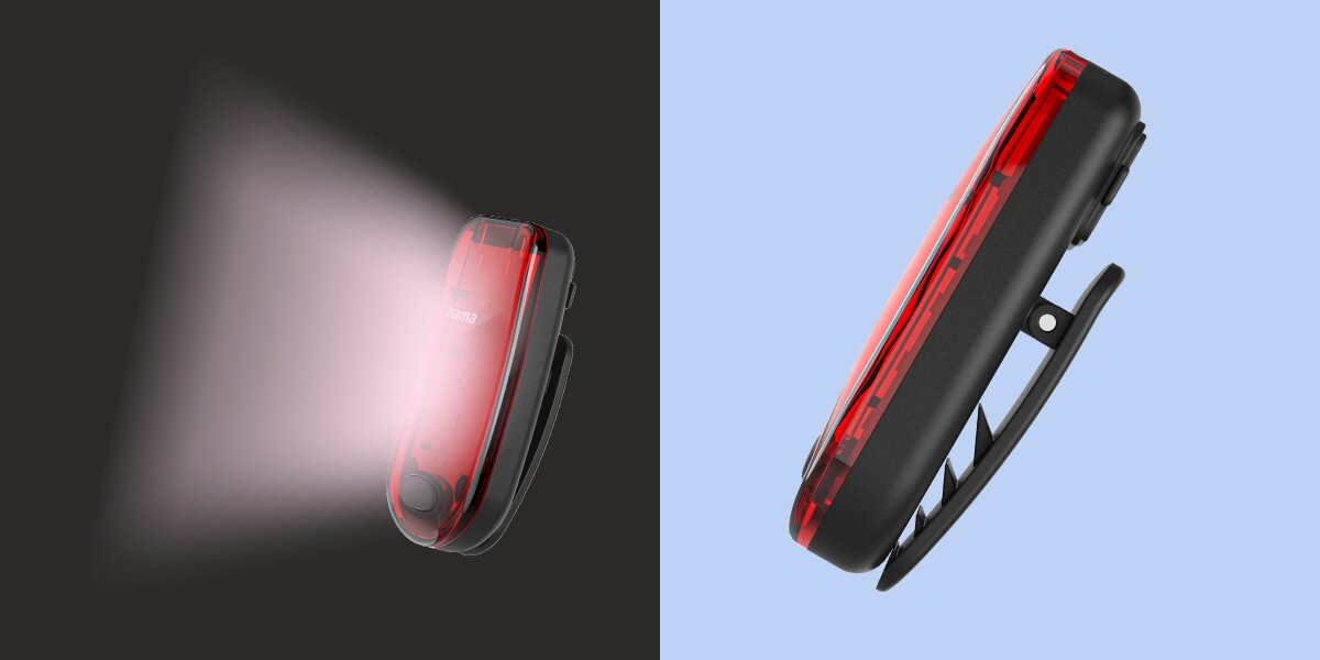 Lampka ostrzegawcza HAMA z klipsem Czerwono-czarny, ciągłe, migające, SOS, trening, Lampka świecąca czerwonym światłem w ciemności oraz profil urządzenia z klipsem.