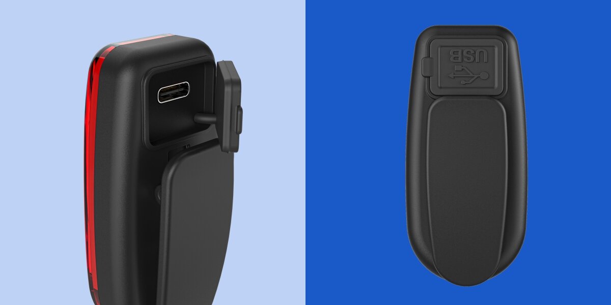 Lampka ostrzegawcza HAMA z klipsem Czerwono-czarny, USB-C, IP44, deszcz, rowerzyści, Zbliżenie na port ładowania USB-C z zaślepką oraz tył lampki z ikoną USB.