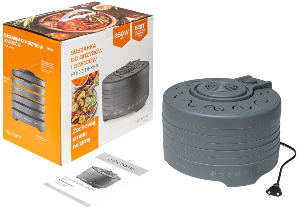 Suszarka do grzybów MILLA HOME FD101 elementy zestawu suszarka opakowanie