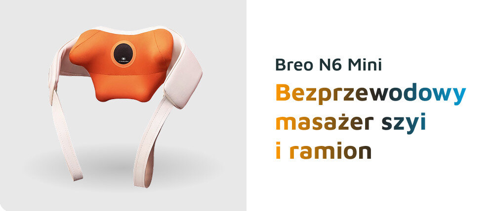 Pomarańczowy masażer do karku z białymi paskami. Obok widoczny tekst: \'Breo N6 Mini Bezprzewodowy masażer szyi i ramion\'.