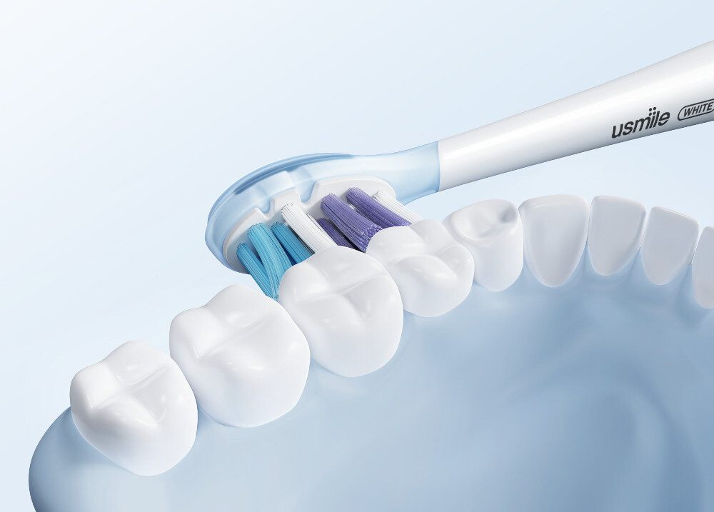 Oryginalna końcówka szczoteczki USMILE Advanced Cleaning (2 szt.) (Usuwa płytkę bakteryjną) wygląd design tło wizualizacja prezentacja Skuteczne i łagodne czyszczenie