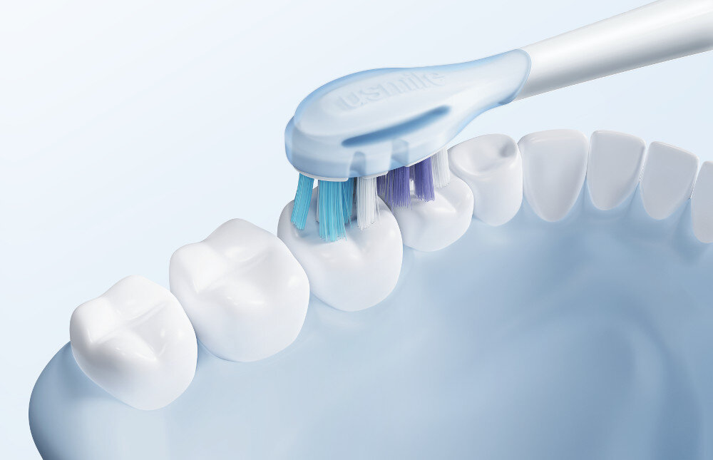 Oryginalna końcówka szczoteczki USMILE Advanced Cleaning (2 szt.) (Usuwa płytkę bakteryjną) Komfort dzięki amortyzacji Technologia Air Cushion delikatna amortyzacja