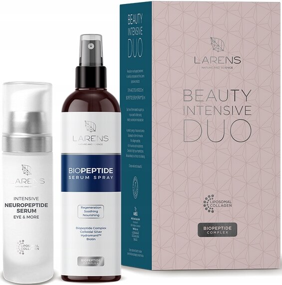 Na obrazie widoczne są dwa produkty kosmetyczne marki Larens: Intensive Neuropeptide Serum Eye & More oraz Biopeptide Serum Spray, a także opakowanie z napisem \'Beauty Intensive Duo\'.