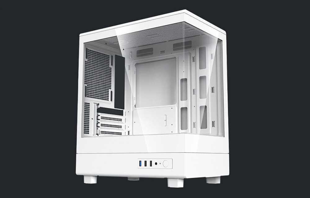 Obudowa DARKFLASH DB330M Biały, M-ATX, ITX, konfiguracja, Zewnętrzny widok obudowy z podanymi wymiarami.