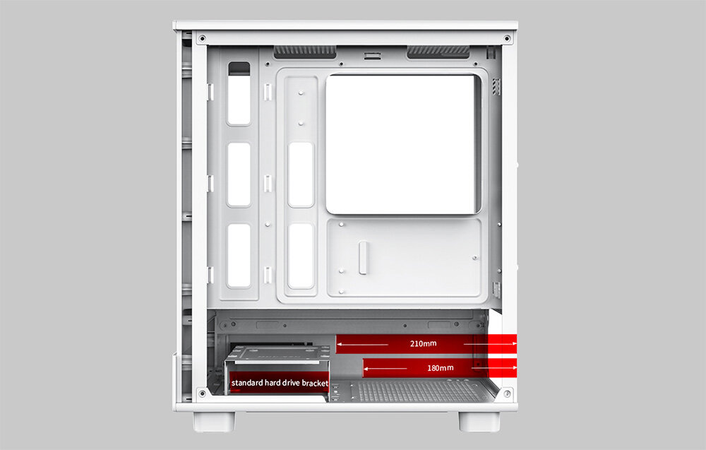 Obudowa DARKFLASH DB330M Biały, GPU 305 mm, CPU 180 mm, rozbudowa, komponenty, Wymiary miejsca na podzespoły wewnątrz obudowy.