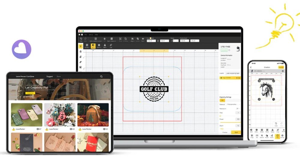Obraz przedstawia trzy urządzenia elektroniczne: tablet, laptop i smartfon, na których wyświetlane są różne interfejsy graficzne związane z projektowaniem. Na ekranie laptopa widoczny jest projekt z napisem \'GOLF CLUB\'.
