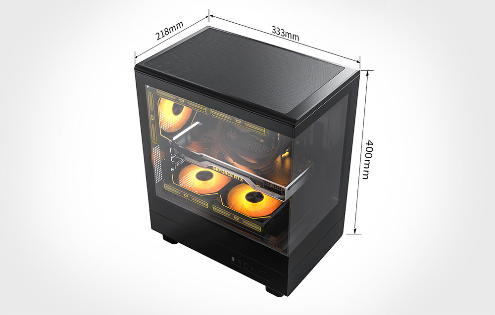 Obudowa DARKFLASH DB330M Czarny, M-ATX, ITX, konfiguracja, Zewnętrzny widok obudowy z podanymi wymiarami.