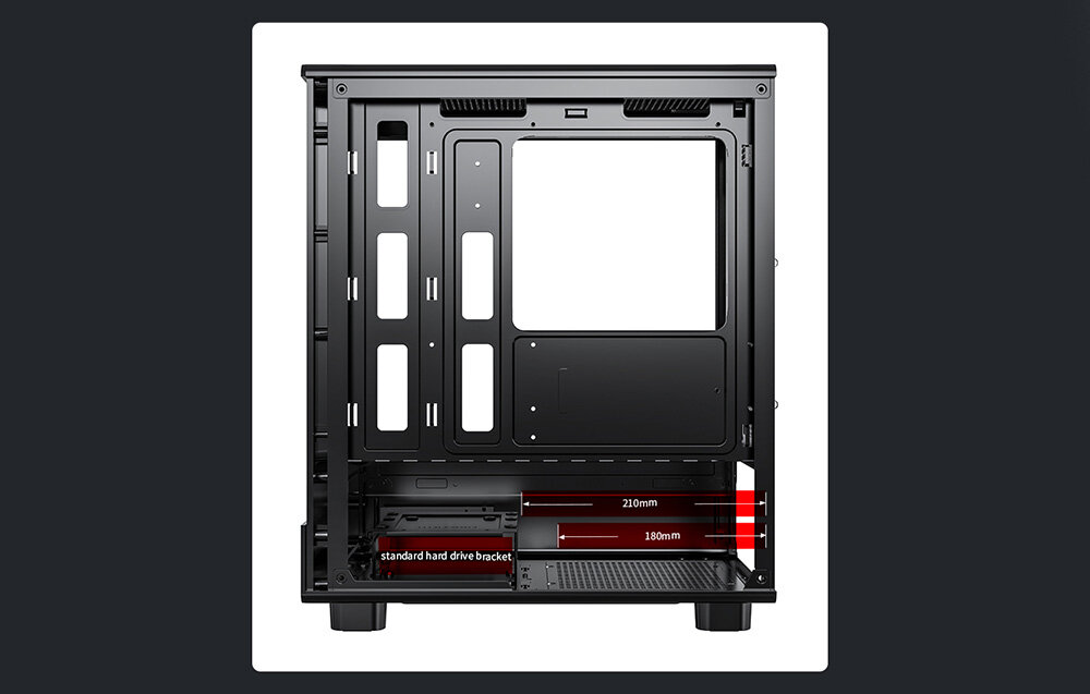 Obudowa DARKFLASH DB330M Czarny, GPU 305 mm, CPU 180 mm, rozbudowa, komponenty, Wymiary miejsca na podzespoły wewnątrz obudowy.