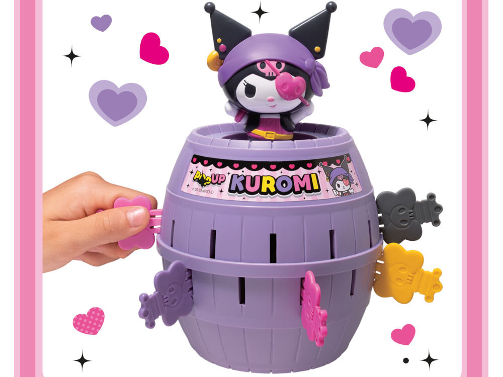Gra towarzyska TOMY Pop Up Kuromi T73865 Zabawka Pop Up Kuromi w formie fioletowej beczki, do której dłoń wkłada różowy klucz w kształcie czaszki. Na górze beczki znajduje się figurka Kuromi w stroju pirata.