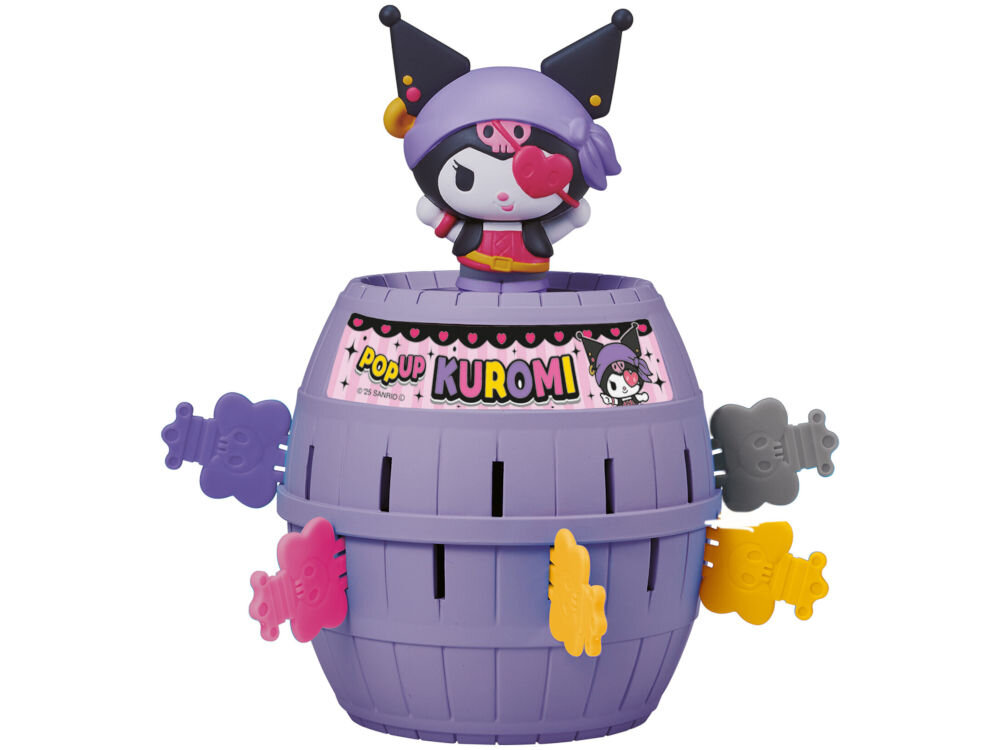 Gra towarzyska TOMY Pop Up Kuromi T73865 Widok z przodu na fioletową beczkę Pop Up Kuromi z wetkniętymi kolorowymi kluczami: fioletowym, szarym, różowym i żółtym. Na szczycie stoi figurka postaci w pirackiej czapce i z opaską na oku.