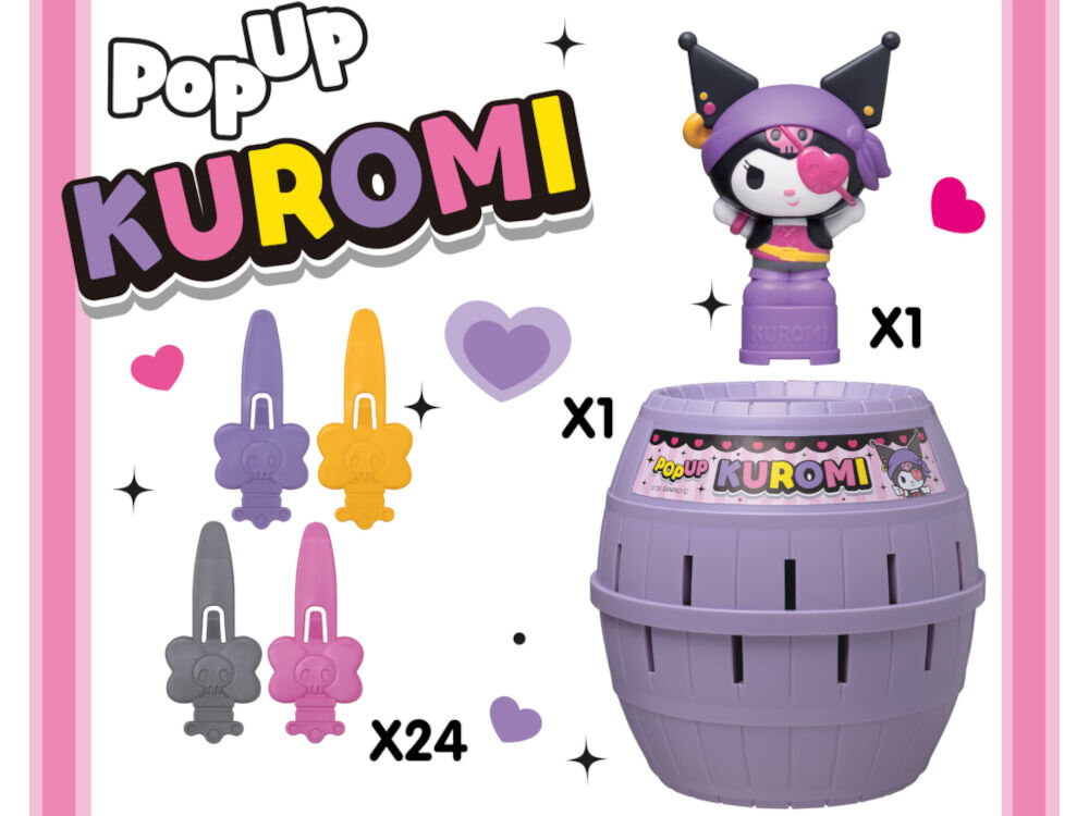 Gra towarzyska TOMY Pop Up Kuromi T73865 Infografika przedstawiająca zawartość zestawu Pop Up Kuromi: 1 fioletowa beczka, 1 figurka Kuromi oraz 24 kolorowe klucze w kształcie czaszek w czterech kolorach.