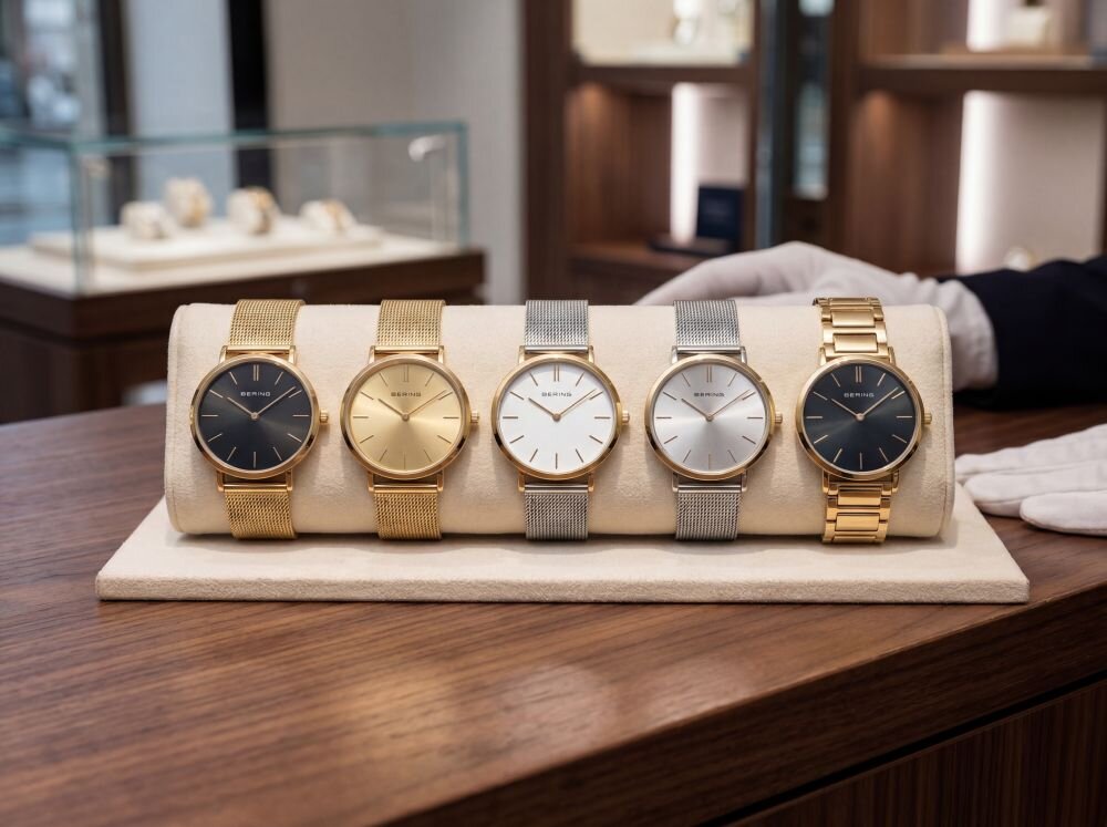 Zegarek Damski Bering 14129-330 elegancki zegarek damski stal złota klasyczny design bransoleta mesh