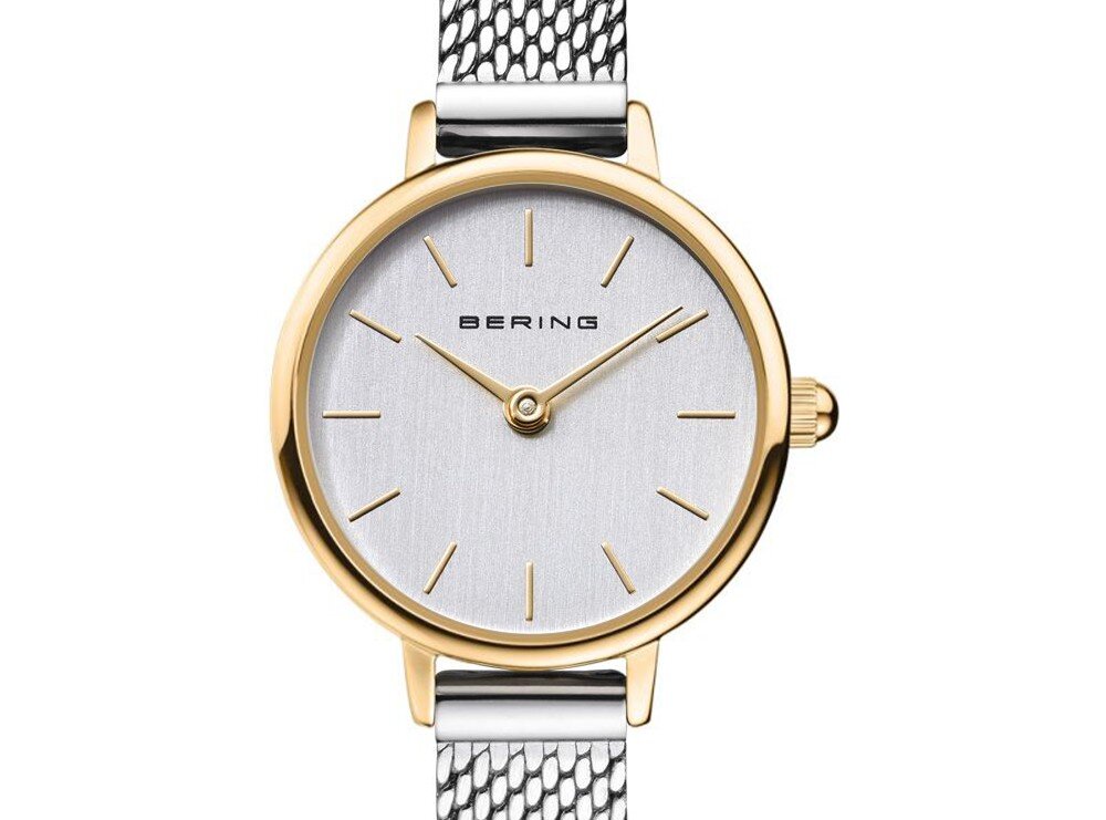 Bering Classic 11022-014 zegarek damski elegancki stal mesh złota koperta srebrna tarcza