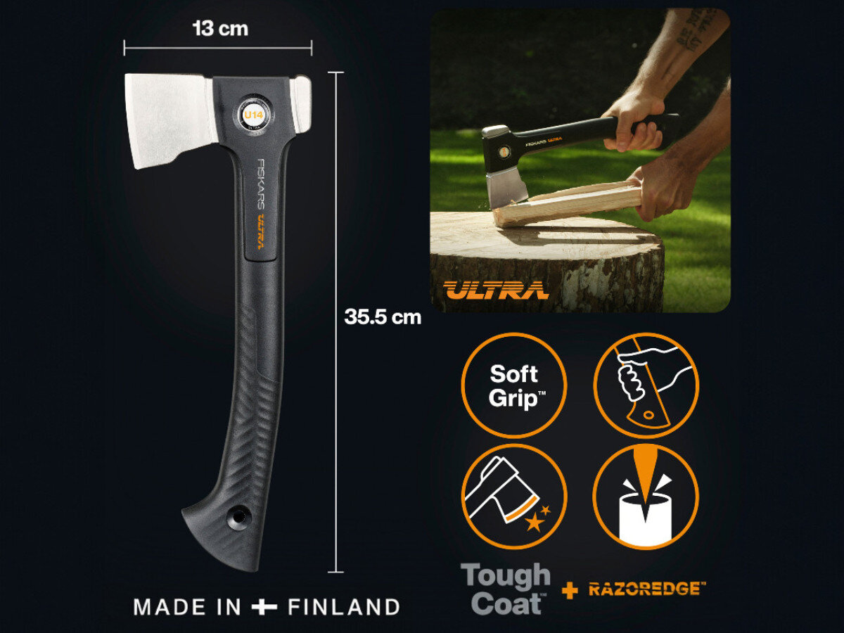 Obraz przedstawia siekierę z czarnym uchwytem i srebrnym ostrzem, z oznaczeniami 13 cm i 35.5 cm. Widoczne są także ikony z napisami: \'Soft Grip\', \'Tough Coat\', \'RazorEdge\' oraz tekst \'MADE IN FINLAND\'.