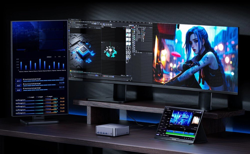 Komputer GEEKOM GT1-Mega Biurko z małym komputerem podłączonym jednocześnie do trzech dużych monitorów i jednego mniejszego ekranu dotykowego, złącza, wyjścia wideo