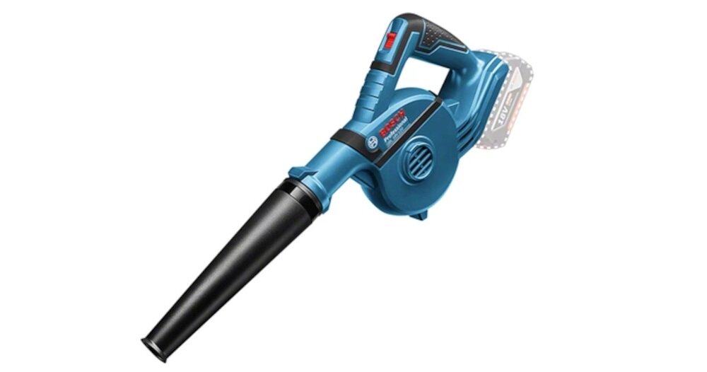 Dmuchawa do liści BOSCH GBL18V-120 zasilanie akumulator litowo-jonowy o napięciu 18 V prędkość przepływu powietrza do 270 km/h dysza z pojemnikiem do odsysania pyłu z otworów model bez akumulatora i ładowarki