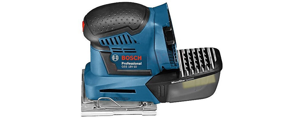 Szlifierka oscylacyjna BOSCH GSS 18 V-10 zasilana przez akumulator litowo-jonowy o napięciu 18 V maksymalna prędkość obrotowa do 22000 obr/min akumulator do nabycia osobno