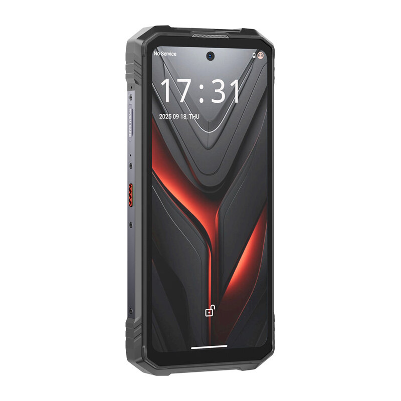 Smartfon z wyświetlaczem pokazującym godzinę 17:31 i datę 2025 09 18, THU. Na ekranie widoczny jest wzór w odcieniach czerni i czerwieni oraz ikona kłódki.
