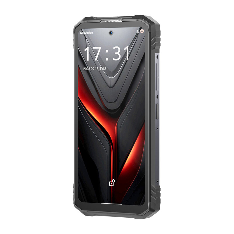 Smartfon z wyświetlaczem pokazującym godzinę 17:31 i datę 2025 09 18, THU. Na ekranie widoczny jest abstrakcyjny wzór w odcieniach czerni i czerwieni.