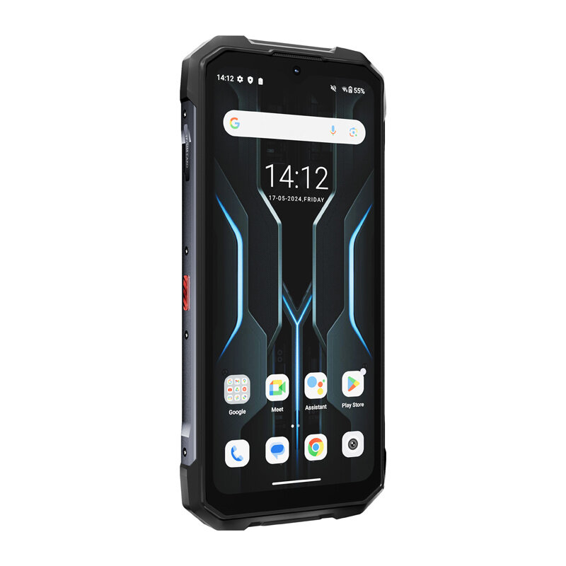 Smartfon z czarną obudową i wyświetlaczem pokazującym godzinę 14:12 oraz datę 17-05-2024, piątek. Na ekranie widoczne są ikony aplikacji takich jak Google, Meet, Asystent i Play Store.