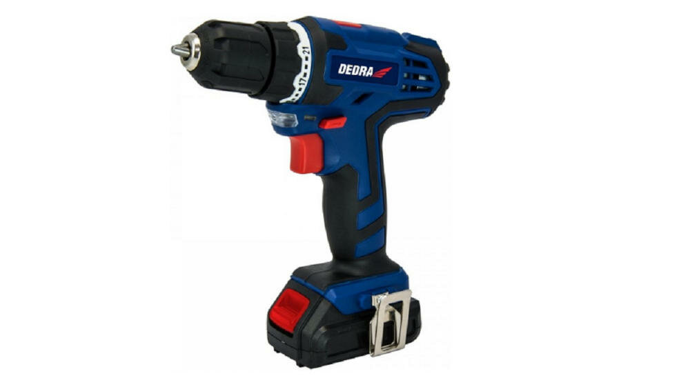 DEDRA-DED7875 wiertarka wkrętarka wiercenie otwory oświetlenie praca ciemność przełącznik kierunek obroty prędkość akumulator typ uchwyt soft grip szybkomocujący