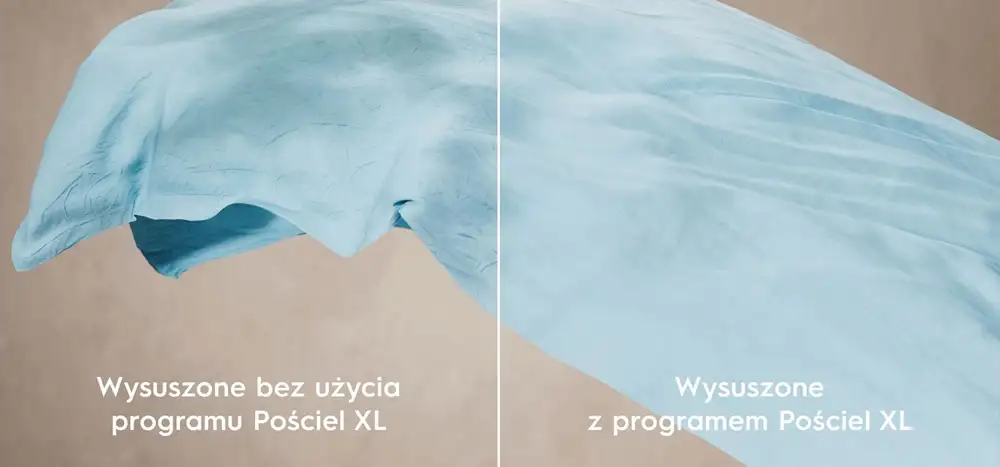 Obraz przedstawia porównanie dwóch niebieskich tkanin: jedna wysuszona bez użycia programu Pościel XL, druga z jego użyciem. Widoczny tekst: \'Wysuszone bez użycia programu Pościel XL\' oraz \'Wysuszone z programem Pościel XL\'.
