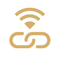 Ikona przedstawia pomarańczowy symbol Wi-Fi nad stylizowanym łańcuchem na białym tle.