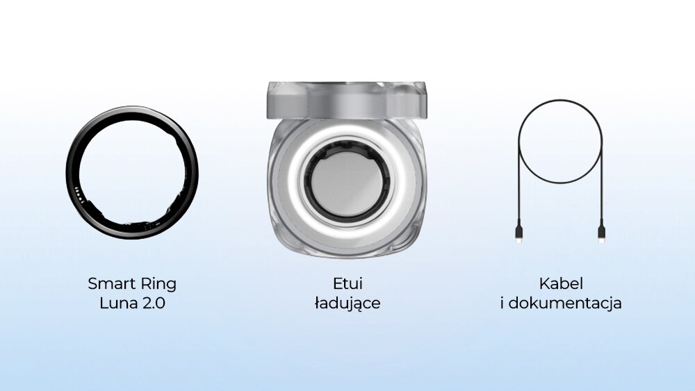 Obraz przedstawia trzy elementy: czarny pierścień opisany jako \'Smart Ring Luna 2.0\', przezroczyste etui ładujące oraz kabel z dokumentacją. Tło jest jasnoniebieskie.