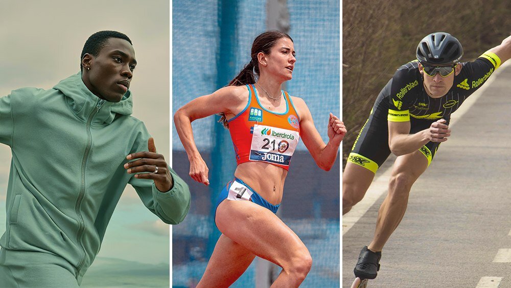 Trzy osoby uprawiające różne sporty: bieganie, jazda na rolkach i sprint. Każda z nich ubrana jest w sportowy strój odpowiedni do swojej dyscypliny.