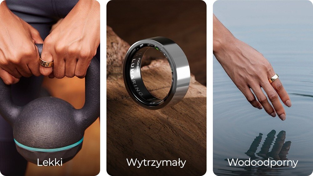 Trzy zdjęcia przedstawiające pierścień w różnych kontekstach: na dłoni trzymającej kettlebell z napisem \'Lekki\', na drewnianej powierzchni z napisem \'Wytrzymały\', oraz na dłoni zanurzonej w wodzie z napisem \'Wodoodporny\'.