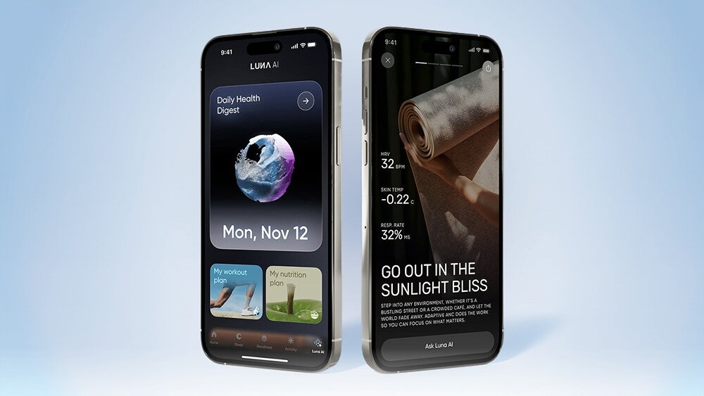 Dwa smartfony z wyświetlonymi aplikacjami, na jednym widoczny jest tekst \'Daily Health Digest\' oraz data \'Mon, Nov 12\', na drugim tekst \'GO OUT IN THE SUNLIGHT BLISS\'.