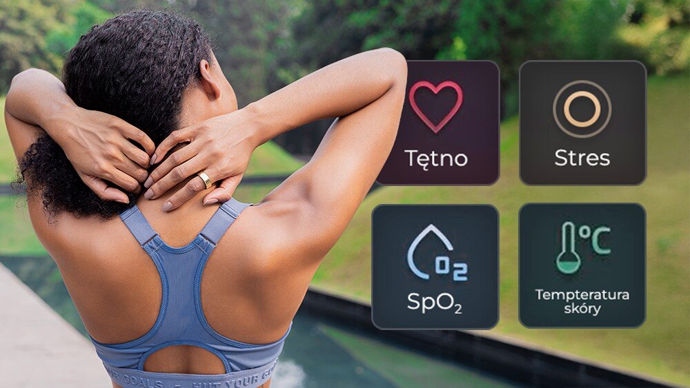 Osoba w sportowym stroju stoi tyłem, z rękami za głową, nosząc srebrny pierścień. Obok widoczne są ikony z napisami: \'Tętno\', \'Stres\', \'SpO2\', \'Temperatura skóry\'.