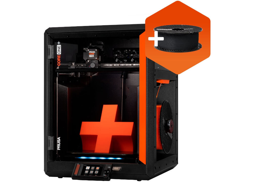 Drukarka 3D PRUSA Core One+ Wi-Fi, LAN (Zamontowana) Widok z przodu na drukarkę 3D z ikoną filamentu szybki start, automatyczna kalibracja, powiadomienia